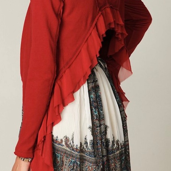 Free People Crop Back Layered Shrug Cardigan Red One Size Waterfall Cascade Hem - Picture 6 of 10